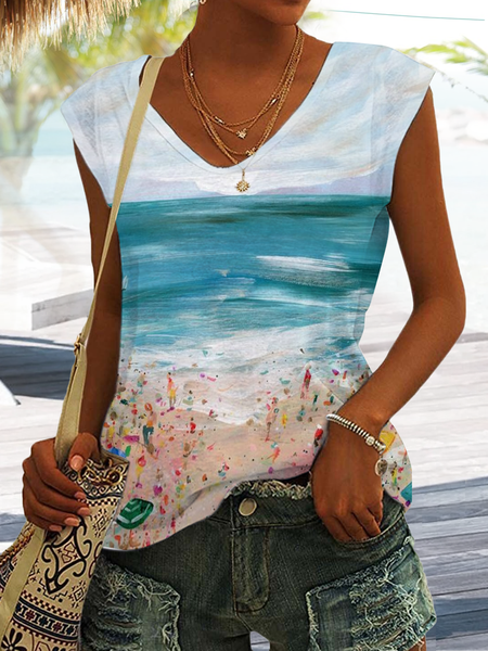 

V Neck Vacation Loose Knitted T-Shirt, Blue, T-Shirts