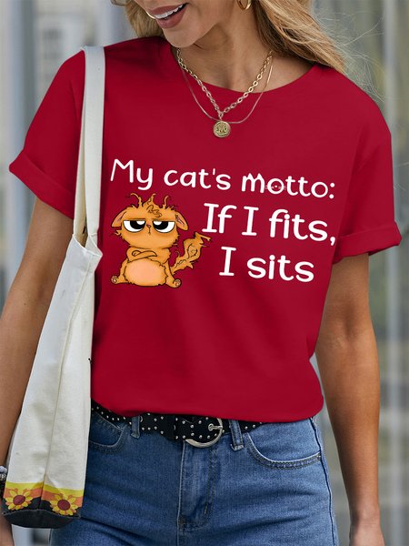 

Lilicloth X Paula My Cat's Motto If I Fits I Sits Women's Crew Neck T-Shirt, Red, T-shirts