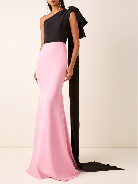 

Satin One Shoulder Regular Fit Elegant Wedding Party Dress, Black-pink, Maxi Dresses