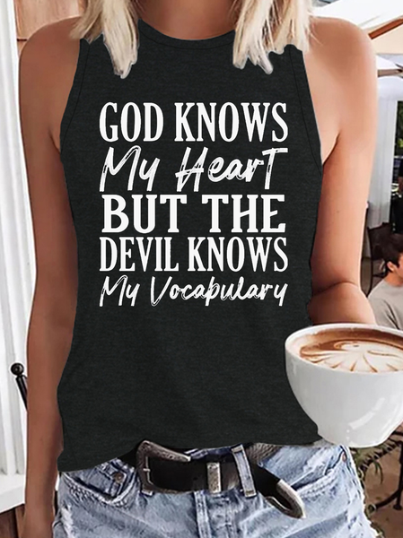 

Women's God Knows My Heart Crew Neck Casual Tank Top, Black, Tank Tops