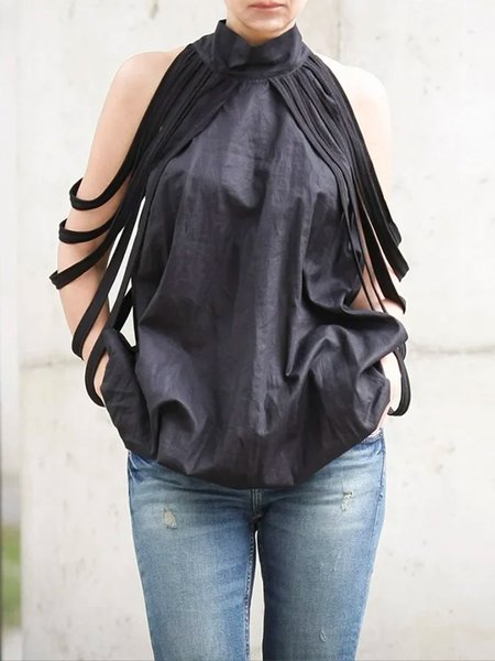 

Stand Collar Urban Plain Sleeveless Shirt, Black, Blouses and Shirts