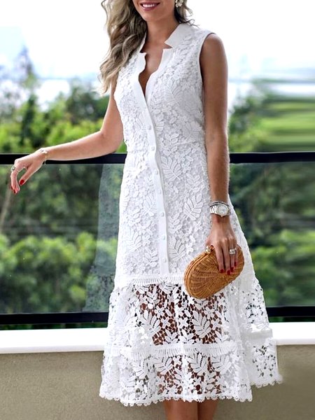 

V Neck Elegant Lace Regular Fit Dress, White, Dresses