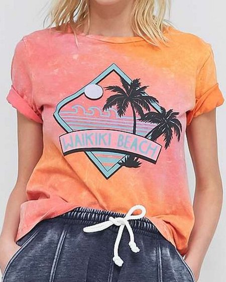 

Crew Neck Coconut Tree Loose Casual T-Shirt, Light orange, T-Shirts