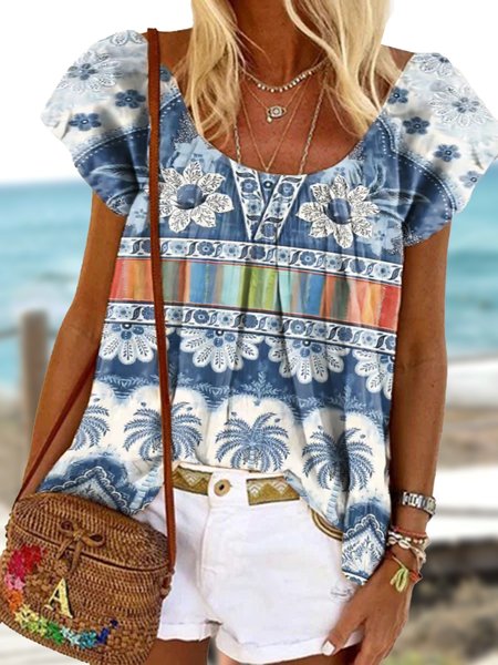

Loose Crew Neck Vacation Palm Leaf T-Shirt, Blue, T-Shirts