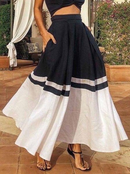 

Color Block Elegant A-Line Skirt, Black, Skirts