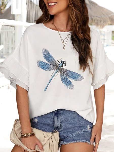 

Dragonfly Crew Neck Loose Vacation Shirt, White, Tees & T-shirts