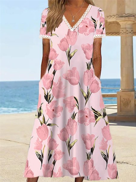 

Vacation Floral V Neck Dress, Pink, Dresses