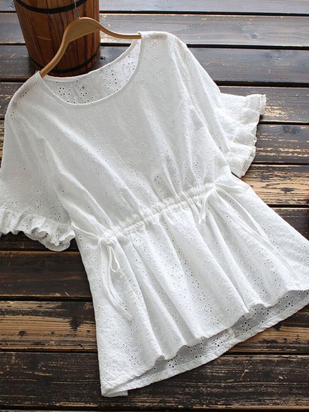 

Linen Loose Crew Neck Lace Shirt, White, Tunics