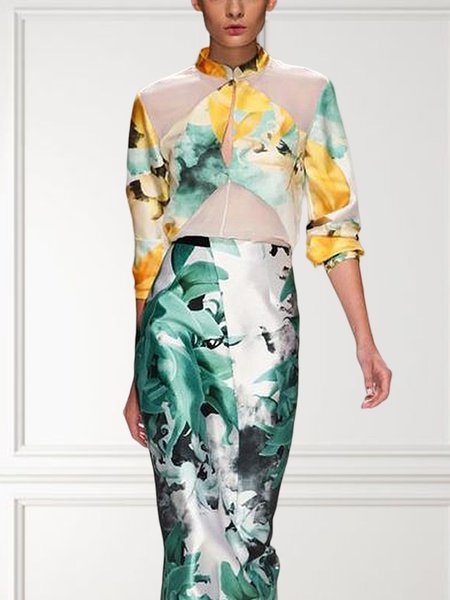 

Elegant Floral Stand Collar Regular Fit Shirt, As picture, Blouses and Shirts
