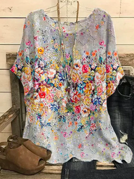 

Floral Vacation Crew Neck Shirt, Gray, Shirts & Blouses
