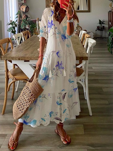 

Casual Floral V Neck Short Sleeve Woven Dress, Blue, Dresses