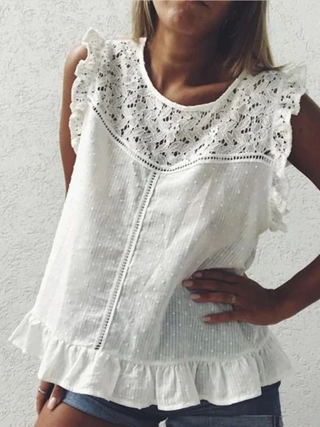 

Women's Solid Color Lace Round Neck Cotton Linen Shirt, White, Tank Tops & Camis