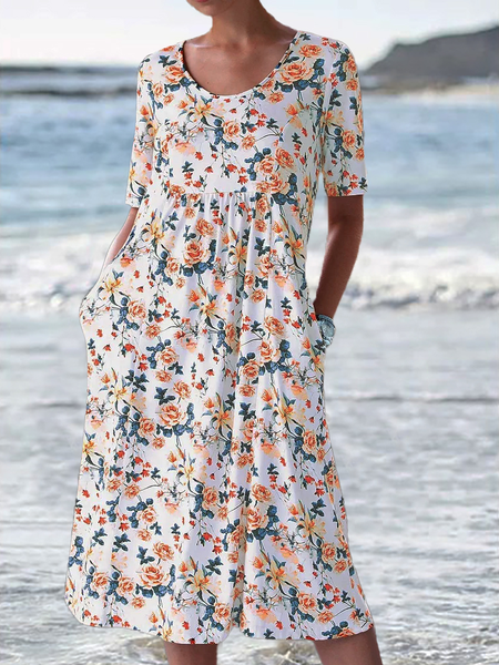 

Loose Floral Crew Neck Vacation Dress, White, Dresses