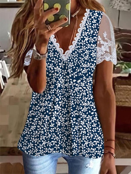 

Knitted Disty Floral V Neck Casual Shirt, Dark blue, Shirts & Blouses