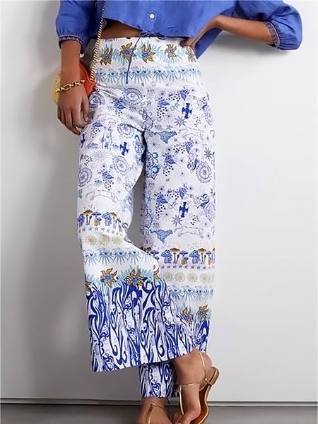 

Marine Life Loose Vacation Pants, White-blue, Pants