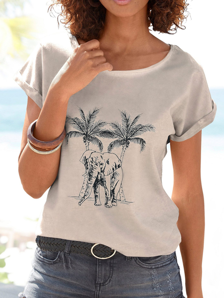 

Coconut Tree Elephant Crew Neck Loose Casual T-Shirt, Khaki, T-Shirts