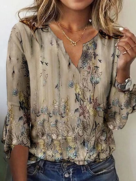 

Floral Casual Loose T-Shirt, Khaki, T-Shirts