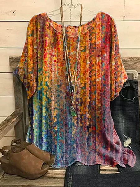 

Ombre Crew Neck Vacation Loose Shirt, Yellow, Shirts & Blouses