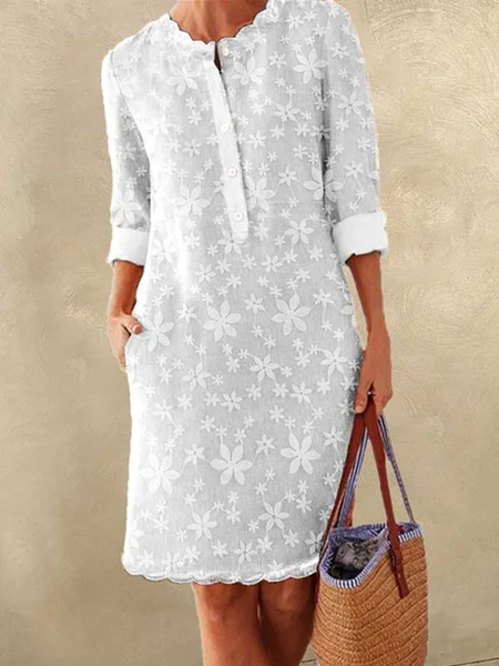 

Cotton And Linen Half Open Collar Plain Linen Dress, White, Mini Dresses