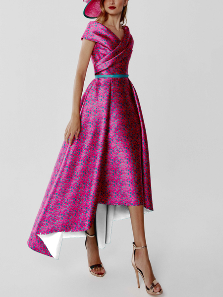 

Satin Elegant Geometric V Neck Wedding Party Dress, Deep pink, Midi Dresses