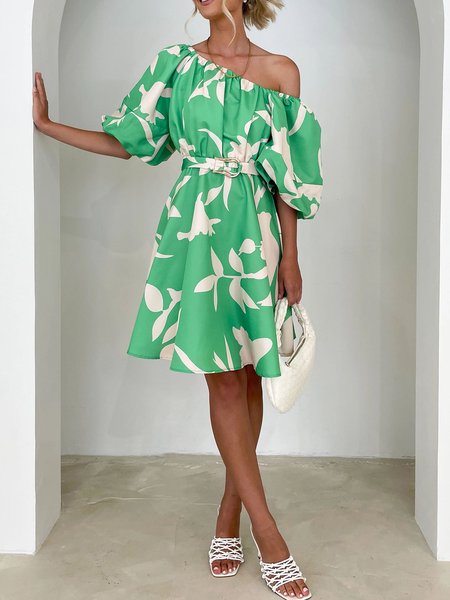

Floral Asymmetrical Casual Regular Fit Dress, As picture, Midi Dresses