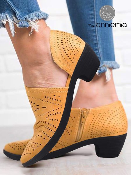 

Laser Cutout Comfortable Breathable Chunky Heel Ankle Boots, Yellow, Boots