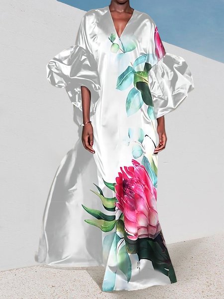 

Floral Casual Loose V Neck Dress, As picture, Maxi Dresses