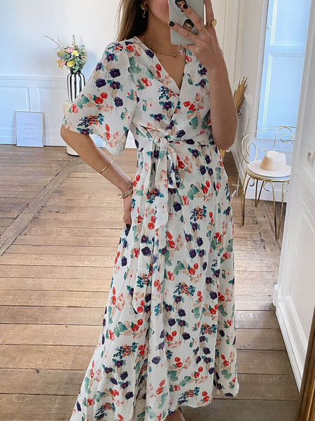 

Floral Vacation Loose V Neck Dress, White, Dresses