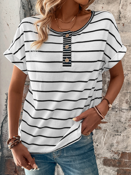 

Buckle Loose Crew Neck Casual Striped T-Shirt, White, T-Shirts