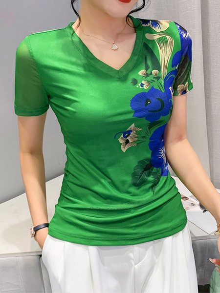 

Casual V Neck Tight Short Sleeve T-Shirt, Green, Tees