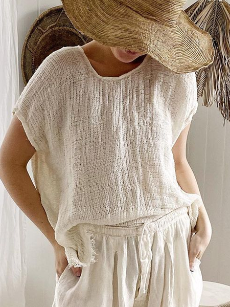 

Crew Neck Loose Cotton And Linen Linen Shirt, White, Shirts & Blouses