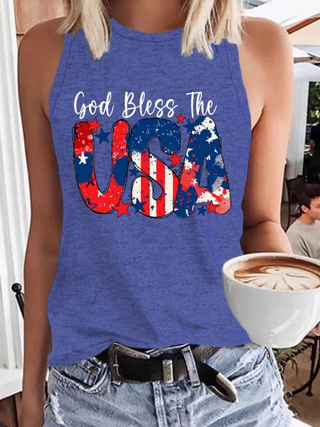 

Women's God Bless The USA Letters Casual Tank Top, Blue, Tank Tops