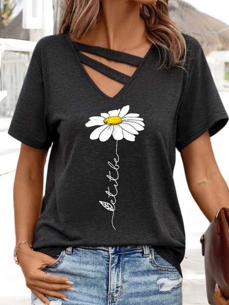 

Casual Asymmetrical Floral Loose T-Shirt, Gray, T-Shirts