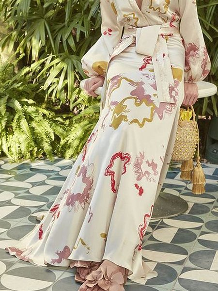 

Regular Fit Elegant Floral No Elasticity Skirt, As picture, Skirts