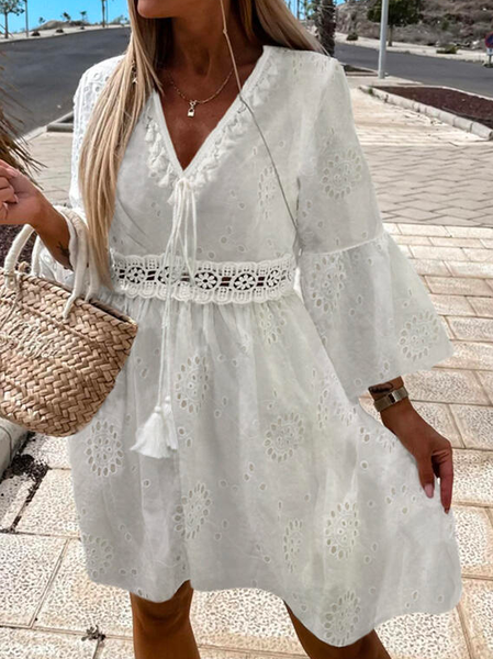 

V Neck Vacation Solid Lace 3/4 Sleeves Flare Sleeve A-line Above Knee Casual/Vacation Skater Dress, White, Dresses