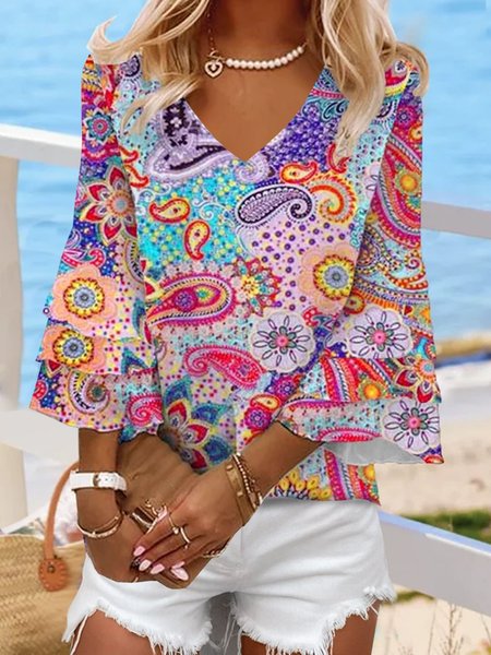 

Tribal Boho V Neck Ethnic Blouses, Multicolor, Blouses
