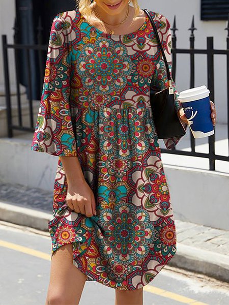

Casual Loose Ethnic Crew Neck Dress, Multicolor, Dresses
