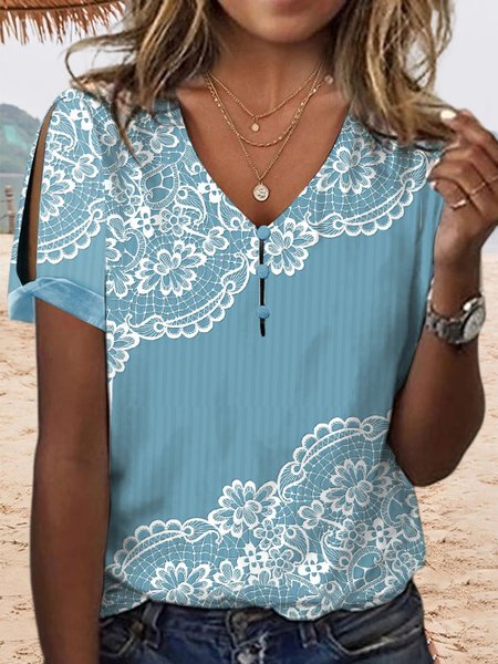 

Floral Casual V Neck Shirt, Blue, Shirts & Blouses