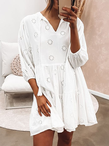 

V Neck Loose Casual Plain Dress, White, Mini Dresses