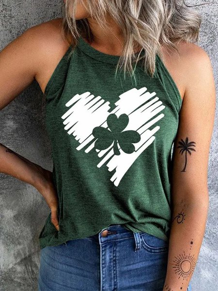 

Regular Fit Casual Four-Leaf Clover Crew Neck Tank Top, Green, Tanks & Camis