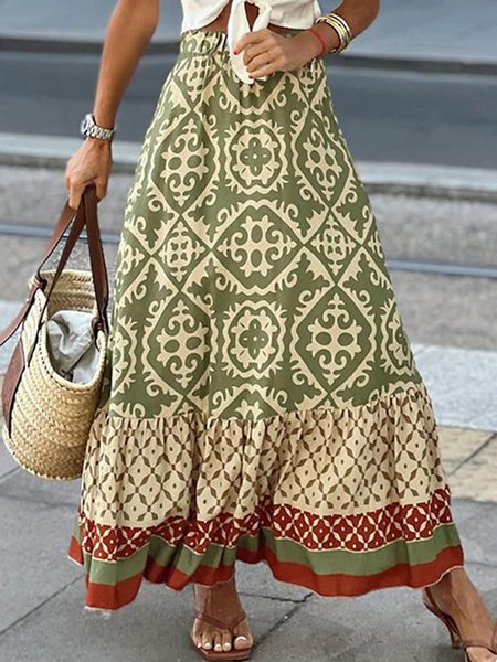 

Ethnic Vacation Loose Skirt, Green, Skirts
