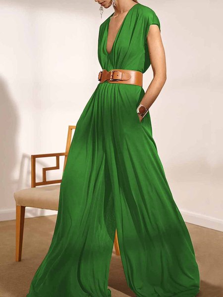 

Simple V Neck Elegant Plain Jumpsuit, Green, Jumpsuits
