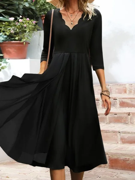 

Women Plain Autumn Elegant V neck Three Quarter Sleeve Dress, Black, Maxi Dresses