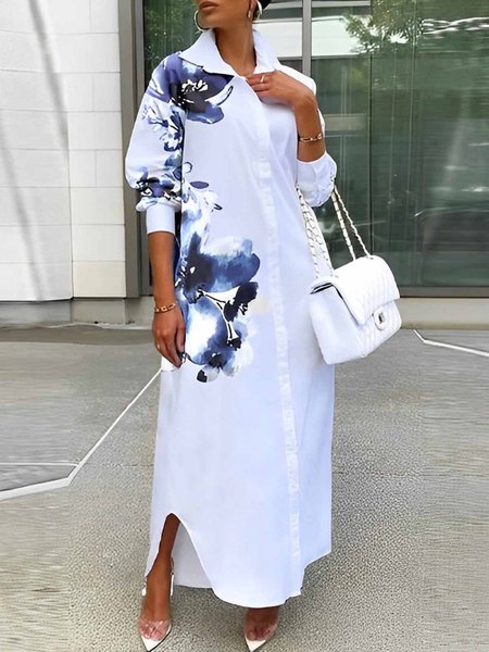 

Urban Shirt Collar Floral Loose Dress, White, Maxi Dresses