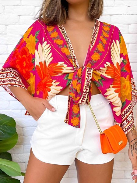 

Loose Vacation Floral V Neck Kimono, Multicolor, Others