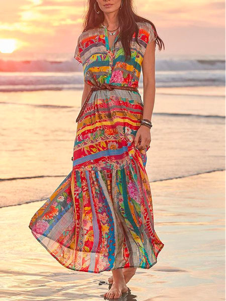 

Vacation Loose Shirt Collar Colored chic printed women slim Dress, Red, Dresses