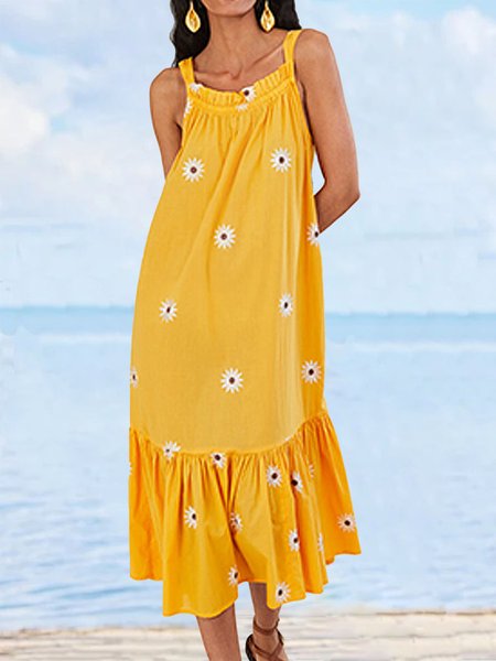 

Crew Neck Floral Vacation Dress, Yellow, Midi Dresses