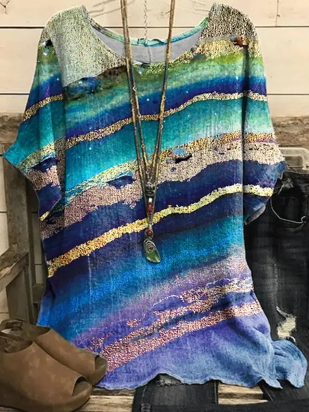

Loose Casual Ombre Crew Neck Batwing Sleeve Shirt, Blue, Shirts & Blouses