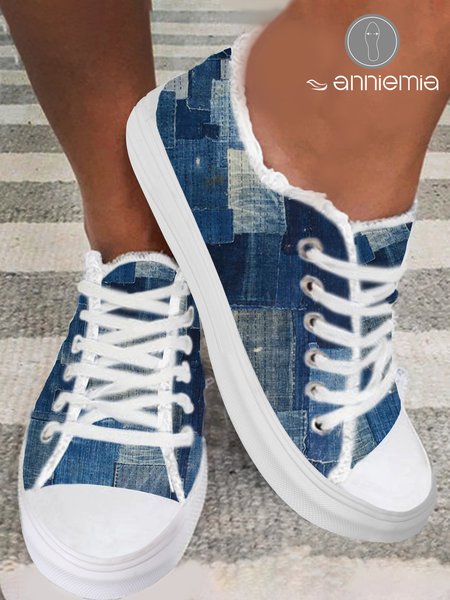 

Soft Comfortable Denim Print Lace-Up Canvas Shoes, Denim blue, Sneakers