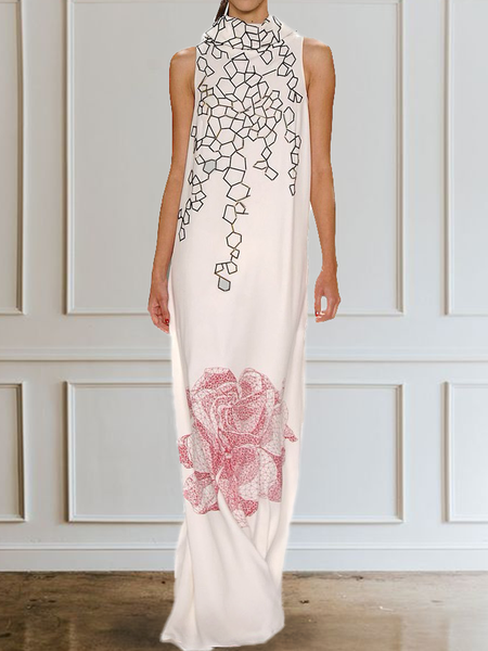 

Loosen Floral Elegant Daily Long Dress, White, Maxi Dresses